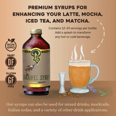 P Portland Syrups Caramel Syrup bottle beside latte art for rich flavor