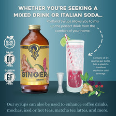 Ginger Syrup bottle label highlights organic ingredients and natural flavor.