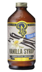 Portland Syrups Sugar-Free Vanilla Syrup bottle pouring into a latte for smooth vanilla flavor.