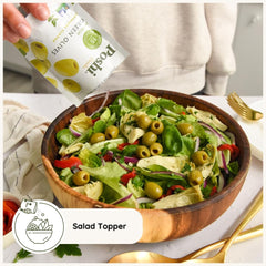 Poshi Green Olives In-Salad Topping adds color and savory depth.