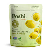 POSHI green pitted olives with basil and garlic packaging, ready-to-eat on the go.