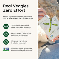 POSHI marinated asparagus snack pack on the go, a low-calorie vegan option.