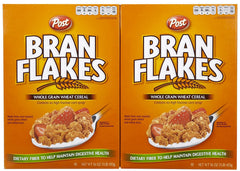 Post Bran Flakes 16oz 2pk box front, classic breakfast cereal for busy mornings