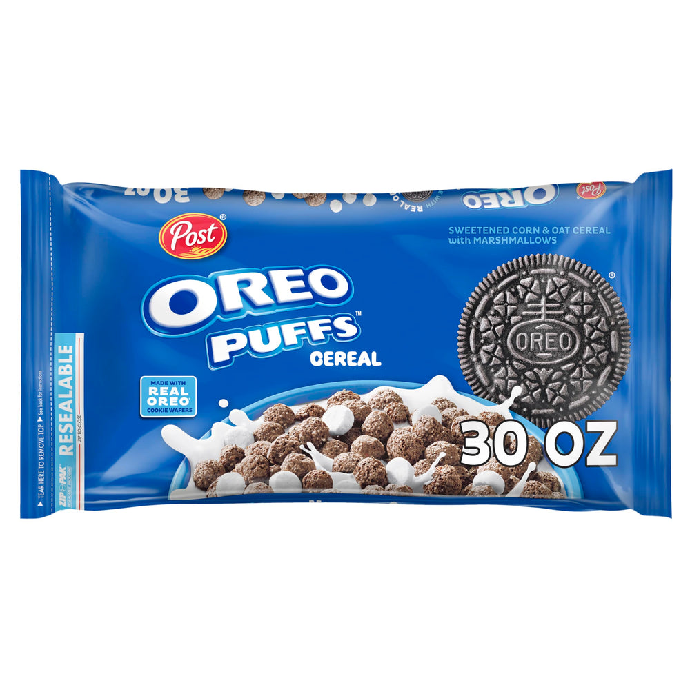 Post OREO PUFFS Cereal bag front for quick breakfast