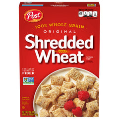 Post Original Shredded Wheat box front shows whole grain cereal