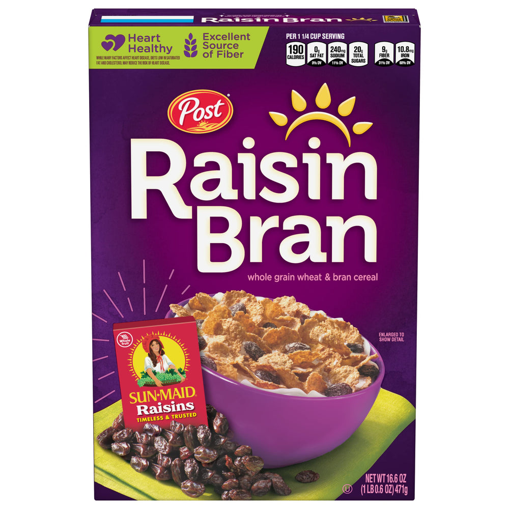 Post Raisin Bran cereal bowl with milk, a fiber-rich start to your day.
