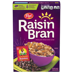 Post Raisin Bran cereal bowl with milk, a fiber-rich start to your day.