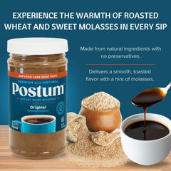 Postum Original spoon-dissolve demonstrates easy preparation for a smooth, rich cup.