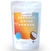 powbab Coconut Water Powder bottle shows pure, unsweetened hydration from organic coconut water