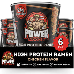 Power Noods high-protein ramen cup in a 6-pack for quick meals.
