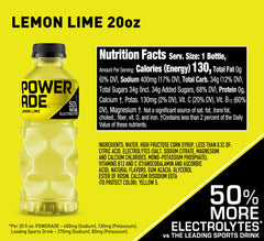 Powerade Lemon Lime bottle back showing electrolytes and vitamins.