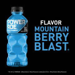 Close-up of Powerade Mountain Berry Blast label showing vitamin-enhanced hydration