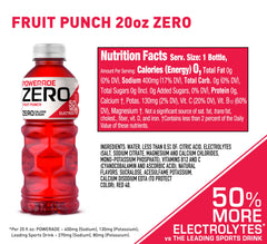 Powerade Zero Fruit Punch label highlights electrolytes and zero sugar.