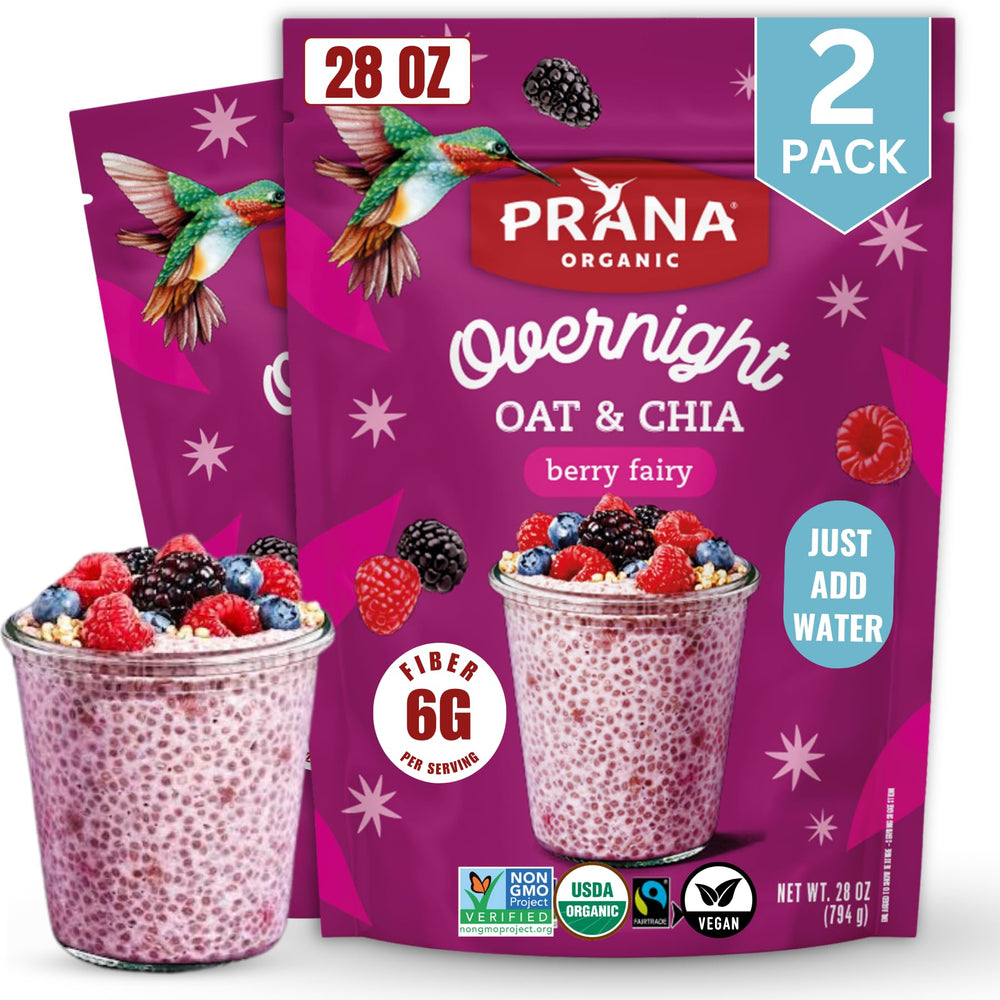 Prana Overnight Chia Oats Berry Fairy packaging highlights organic ingredients for quick, fiber-rich breakfast.
