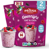 Prana Overnight Chia Oats Berry Fairy packaging highlights organic ingredients for quick, fiber-rich breakfast.