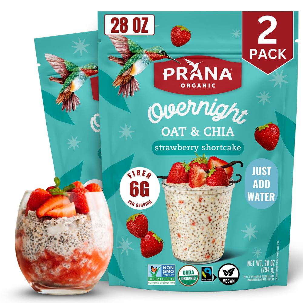 Prana Overnight Chia-Oats packaging showing vegan, non-GMO convenience.