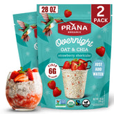 Prana Overnight Chia-Oats packaging showing vegan, non-GMO convenience.
