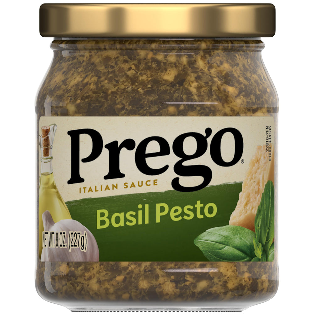 Prego Basil Pesto Sauce jar front view highlighting rich basil aroma for tasty meals.