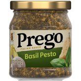 Prego Basil Pesto Sauce jar front view highlighting rich basil aroma for tasty meals.