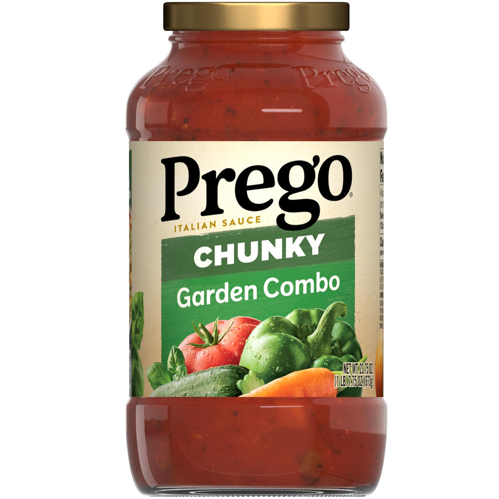 Prego Chunky Garden Combo Pasta Sauce jar on counter, gluten-free and vegetarian.