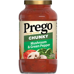 Prego chunky mushroom and green pepper sauce jar ready for quick weeknight pasta meals