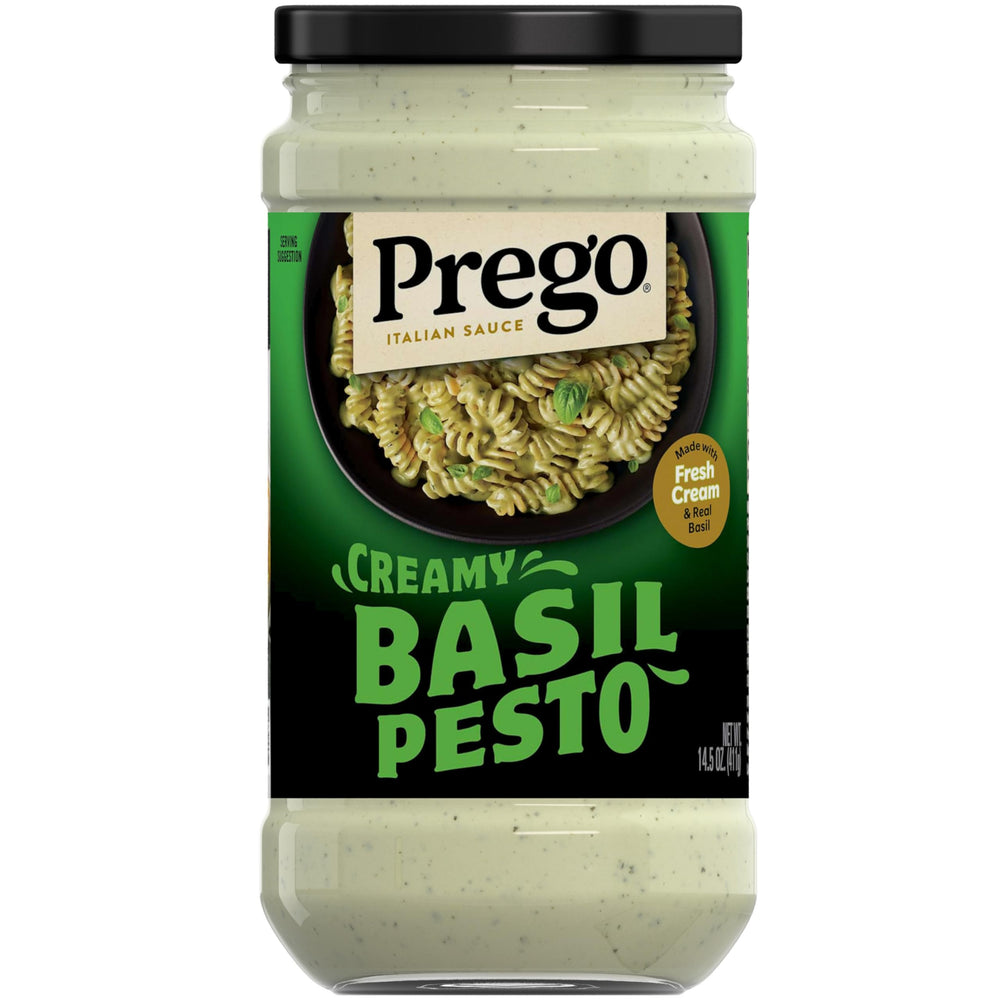 Prego Creamy Basil Pesto Pasta Sauce jar highlights rich basil flavor for pasta