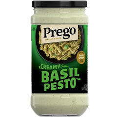 Prego Creamy Basil Pesto Pasta Sauce jar highlights rich basil flavor for pasta