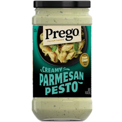 Prego Creamy Parmesan Pesto jar front, ideal for quick, flavorful pasta dinners.
