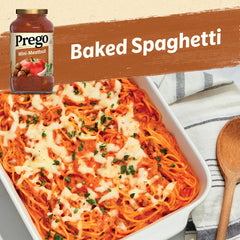 Serving spoon with Prego sauce over pasta ready for dinner