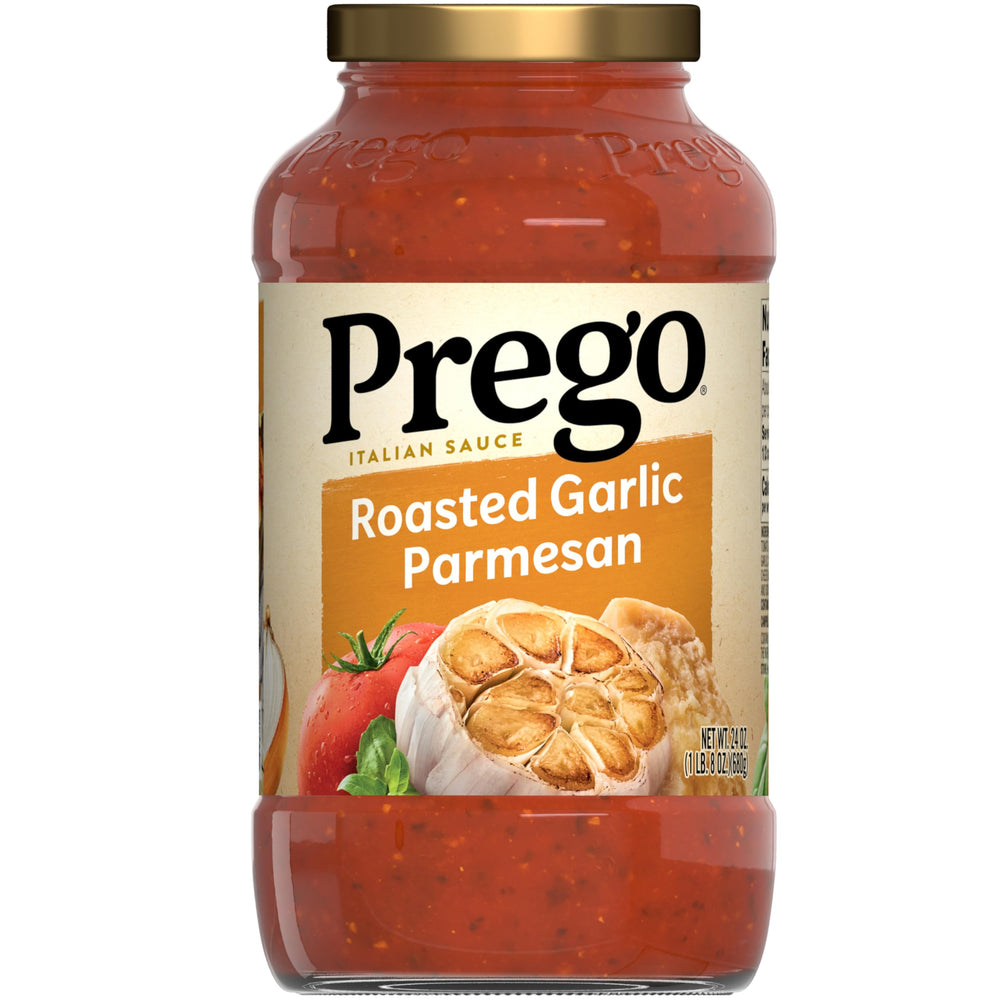 Prego roasted garlic and Parmesan sauce jar enhances weeknight pasta with rich flavor.