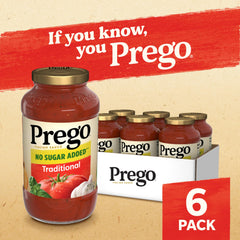 Prego Traditional No Sugar Added pouring over pasta, versatile base for recipes.