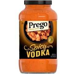 Prego Spicy Vodka Sauce jar on shelf, ideal for quick family dinners.