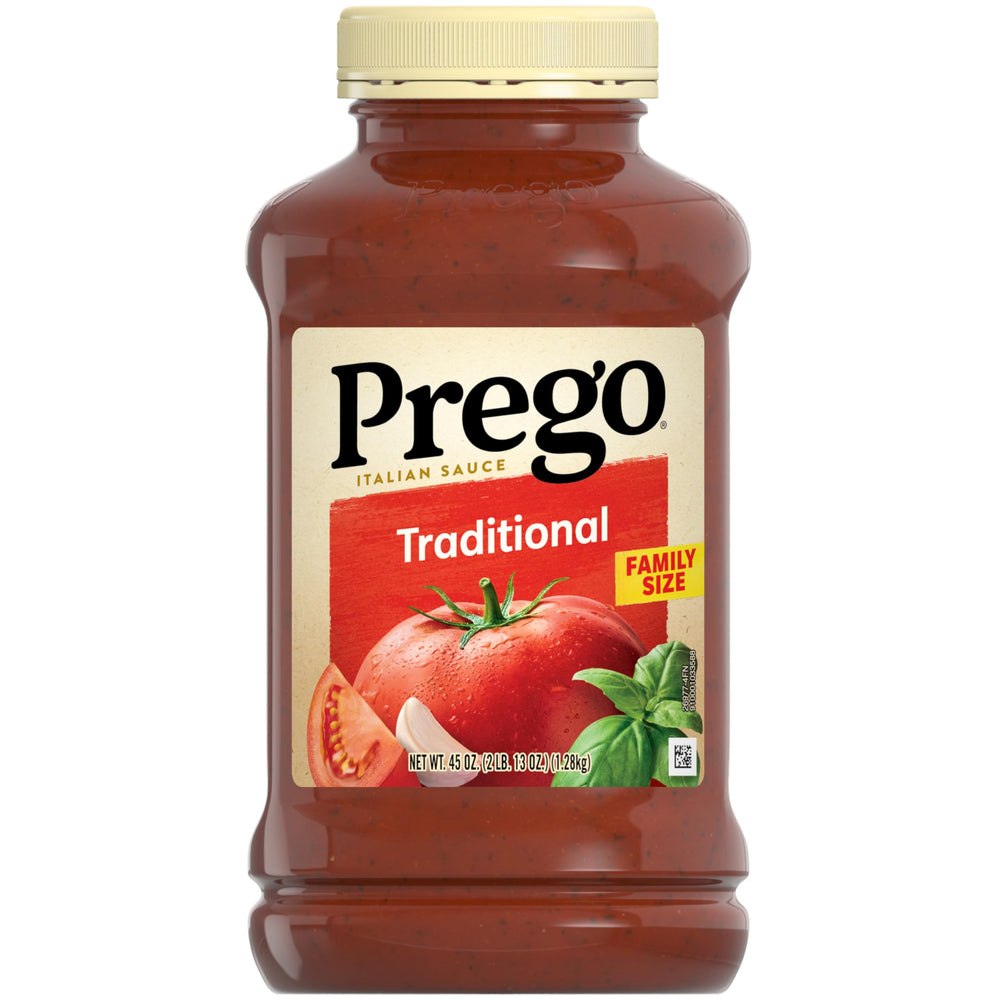 Prego Traditional Pasta Sauce jar on the kitchen counter, ideal for quick family dinners.