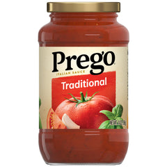 Prego traditional pasta sauce jar with vine-ripened tomatoes for rich flavor and easy weeknight meals