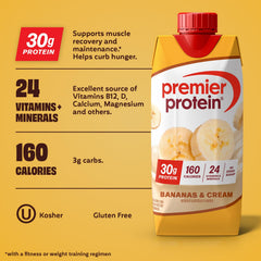 Premier Protein Bananas and Cream shake on ice with straw for a refreshing breakfast.