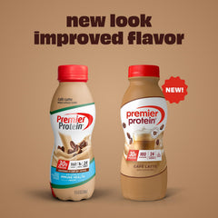 Premier Protein Café Latte nutrition label highlights 30g protein and minimal sugar.
