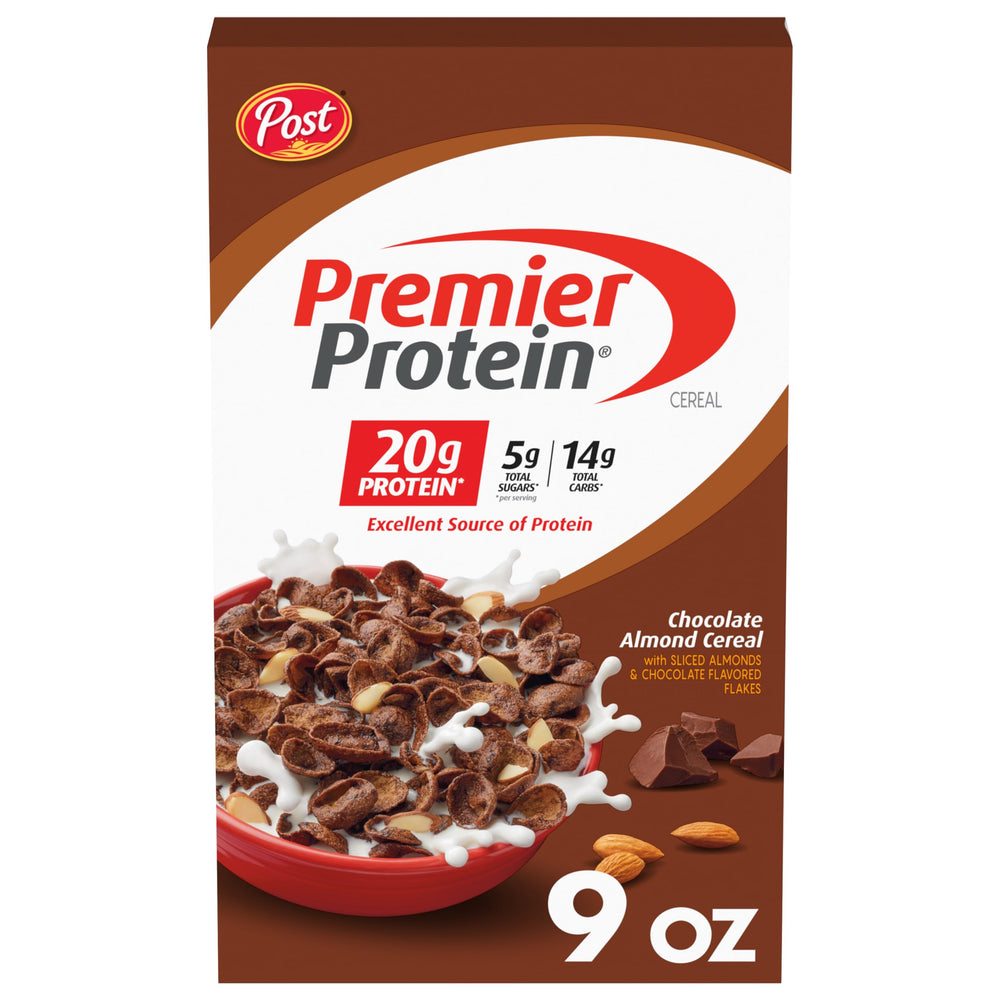 Premier Protein Chocolate Almond Cereal in a bowl with milk, protein-packed breakfast option.