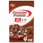 Premier Protein Chocolate Almond Cereal in a bowl with milk, protein-packed breakfast option.