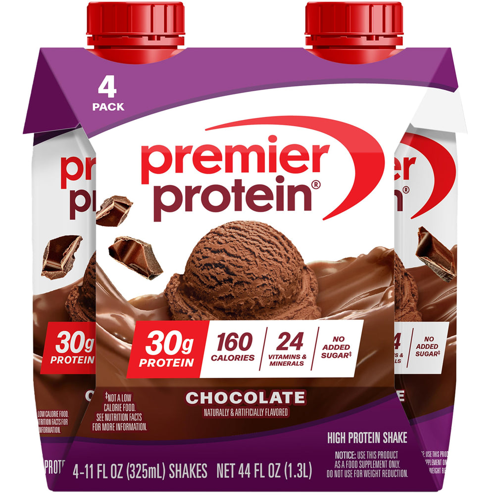 Premier Protein chocolate shake bottle provides a quick protein boost for meals on the go.
