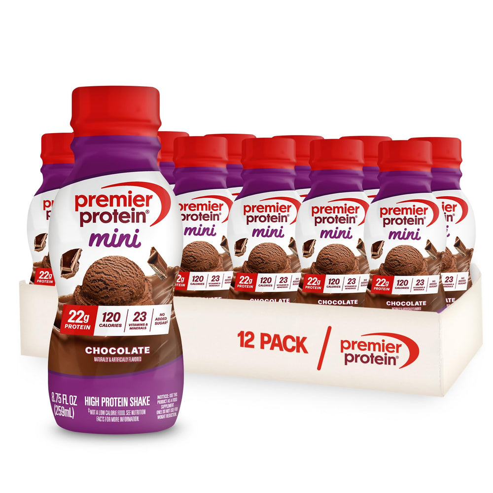 Premier Protein Minis chocolate bottle showing 22g protein for post-workout fueling