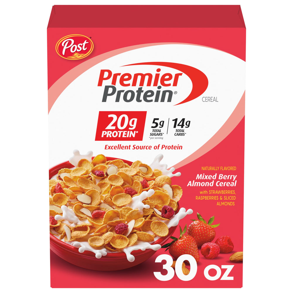 Premier Protein Mixed Berry Almond cereal bowl with milk for a protein-powered breakfast.