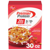 Premier Protein Mixed Berry Almond cereal bowl with milk for a protein-powered breakfast.