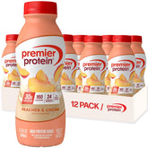 Premier Protein Peaches and Cream bottle poured for a quick on-the-go protein