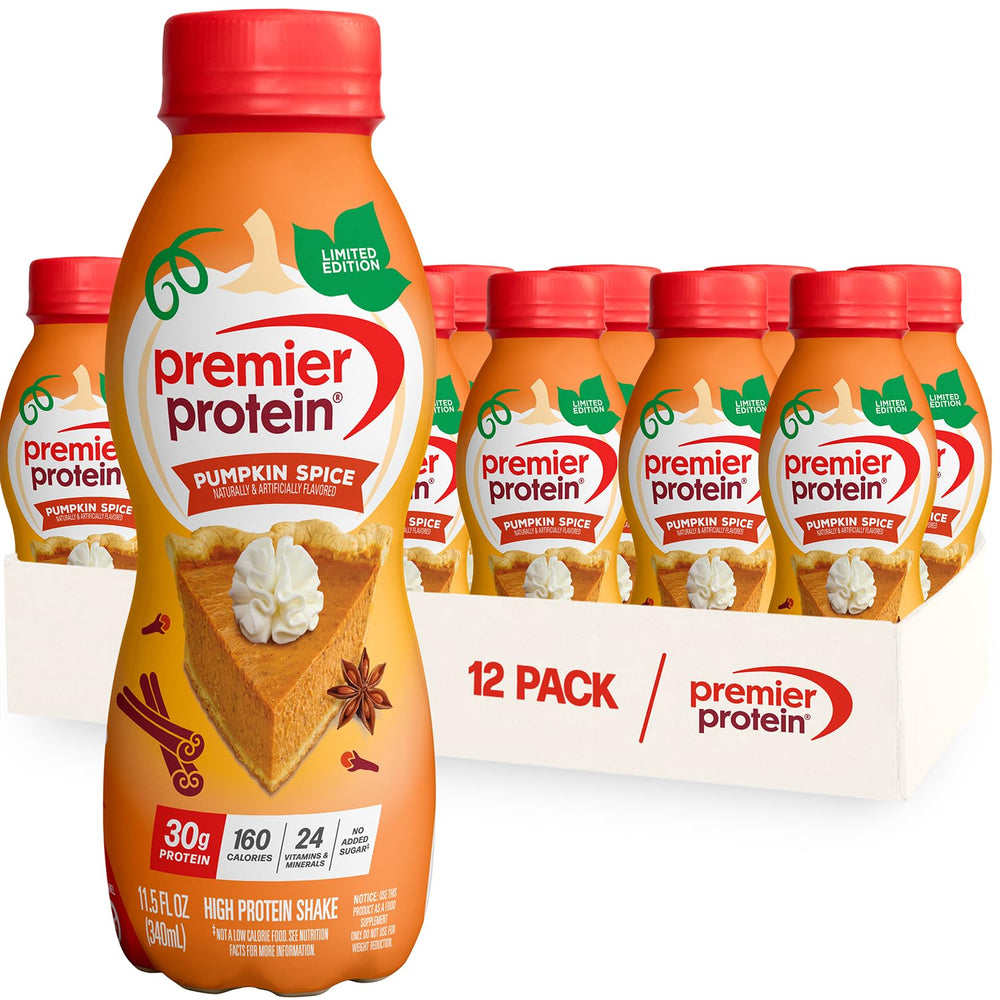 Premier Protein Pumpkin Spice bottle showing the seasonal, high-protein shake for on-the-go nutrition