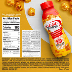 Pour-ready Premier Protein Salted Caramel Popcorn shake in a glass