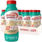 Premier Protein Shake Cake Batter bottle shows a protein-packed serving for on-the-go fueling