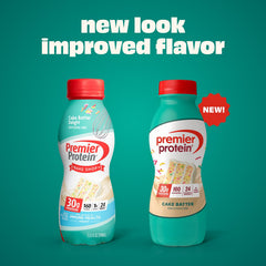Premier Protein Shake Cake Batter label closeup highlights 30g protein per shake