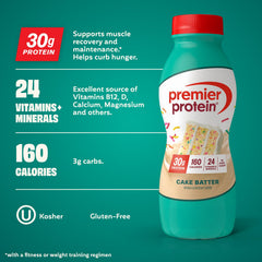 Premier Protein Shake Cake Batter is being poured into a glass for quick energy