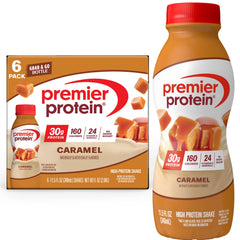 Premier Protein Shake Caramel bottle showing 30g protein per serving for muscle support.
