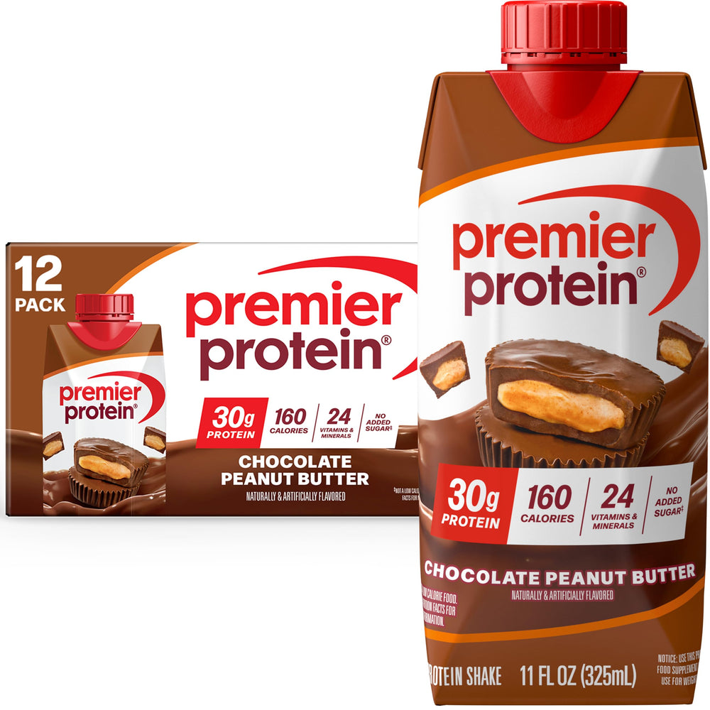Premier Protein Shake Chocolate Peanut Butter bottle pour, convenient 30g protein boost